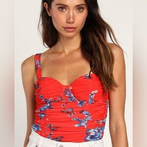 Lulus Red Floral Ruched bodysuit size large New